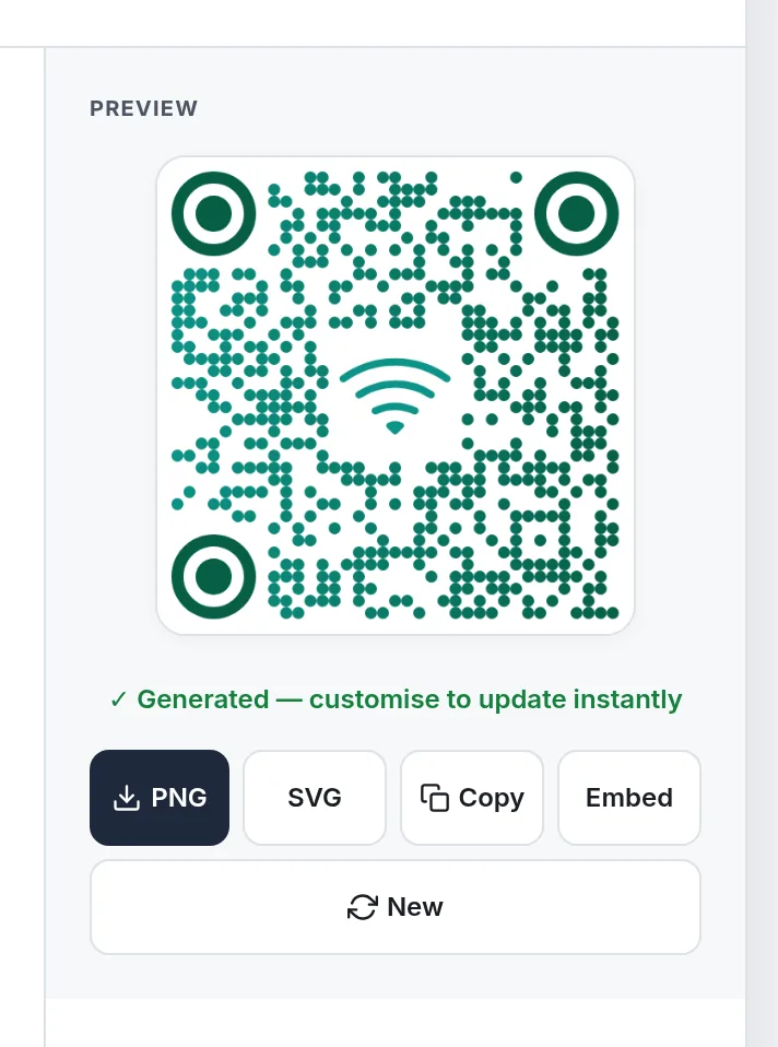Generated WiFi QR code with the network name and password filled in